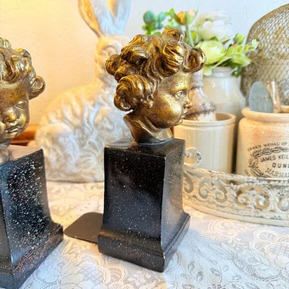 Vintage Borghese Italian Cherub Putti Bookends, Gilt Chalkware Faux Marble Base - Picture 14 of 16